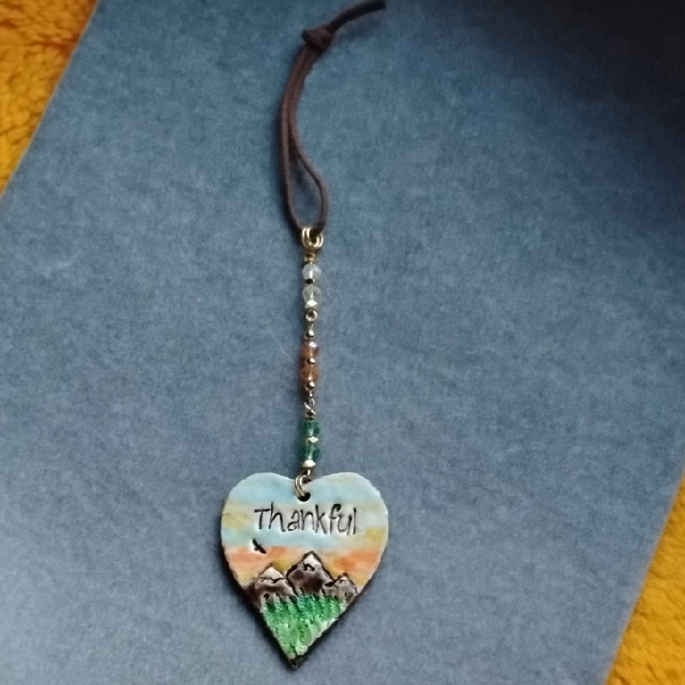 Hand Crafted Heart-Shaped Thankful Ornament with Beaded Strap